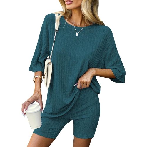 Ekouaer Pajamas 2 Piece Lounge Sets Ribbed Knit Matching Outfits T-shirt Biker Shorts Sleepwear Loungewear Sweatsuits