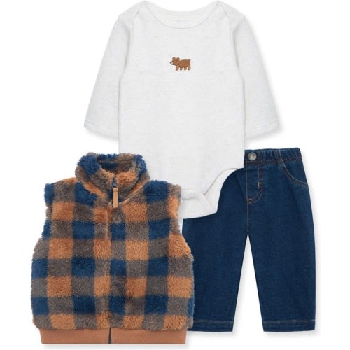 Baby Fleece Vest, Long Sleeve Bodysuit & Denim Pants, Size: 3M