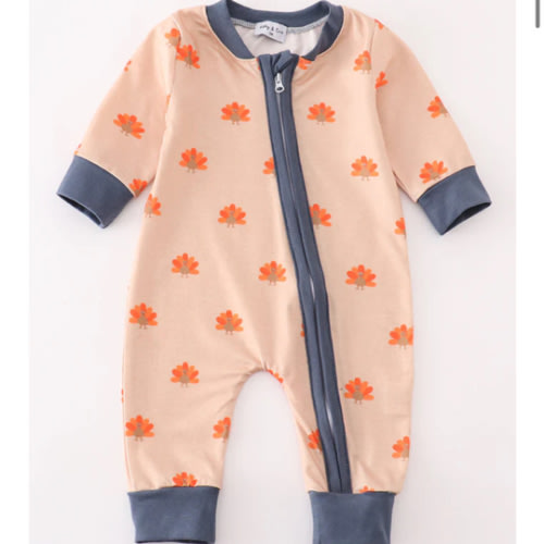 Khaki turkey print zip boy romper