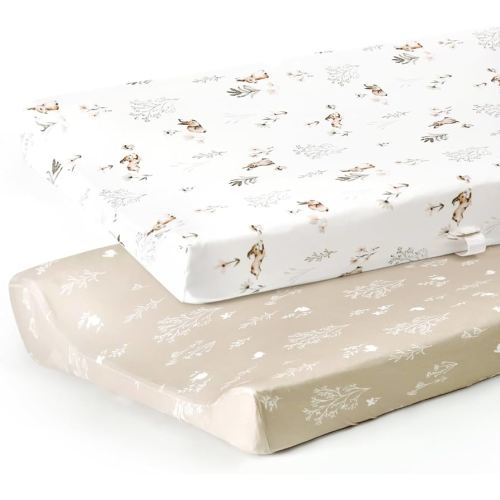 GRSSDER Stretch Ultra Soft Jersey Knit Changing Pad Cover Set 2 Pack, Change Table Pad Covers Fit 32"/34" x 16" Pads Safe and Snug, Pretty Pattern for Boys and Girls, Stylish Watercolor Rabbit Pattern