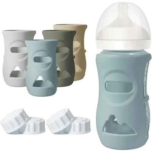 4 Pack Silicone Sleeves for Philips Avent Natural Glass Bottle, Food Grade Silicone Cover and 4pcs Travel Caps, Lids Replacement (Dark Blue+Dark Green+Grey+Beige, 8oz)