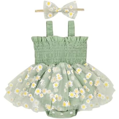 Baby Girl Summer Clothes Sleeveless Girl Clothes Cute Lace Daisy Romper Bodysuit Summer Outfits Headband 0-12Months