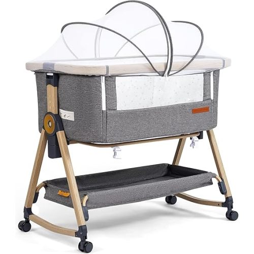 Maydolly Baby Bassinet & Bedside Sleeper, 3 in 1 Rocking Bassinet with Mattress & Sheet, Adjustable Height, Removable Breathable Cover, Easy Folding Infant Bassinet (Grey)