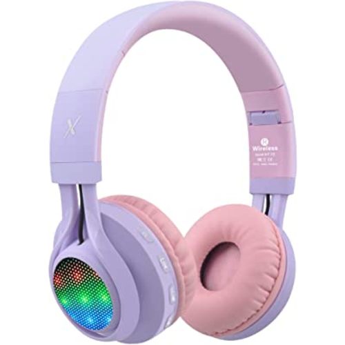 Riwbox WT-7S Kids Bluetooth Headphones Light Up, Foldable Stero Wireless Headset with Microphone and Volume Control for PC/Tablet/TV/Travel (Purple)