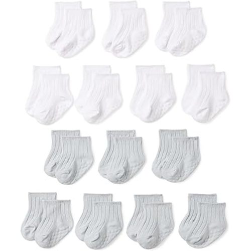 Amazon Essentials Unisex Babies' Non Slip Grip Ribbed Ankle Socks, 14 Pairs