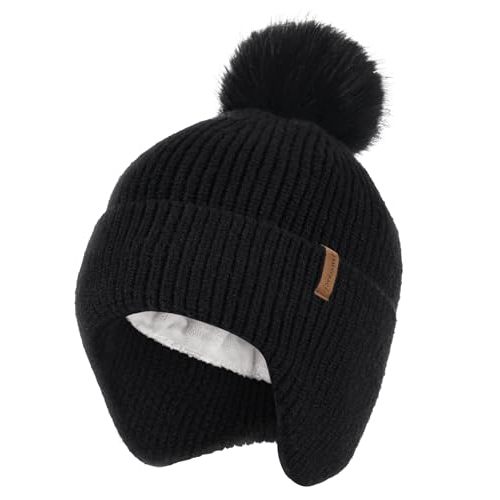 Toddler Baby Winter Hat Warm Fleece Lined Knit Kids Hat with Earflap Infant Newborn Pom Pom Beanie Knit Cap Girls Boys
