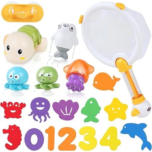 Bath Toys for Kids Ages 1-3 - Mold Free Baby Pool Toys for Toddlers with 2-in-1 Fishing Net Water Spraying Floating Animals and Foam Toy, Wind up Swimming Turtle Bathtub Water Toys Gifts, 20PCS Set