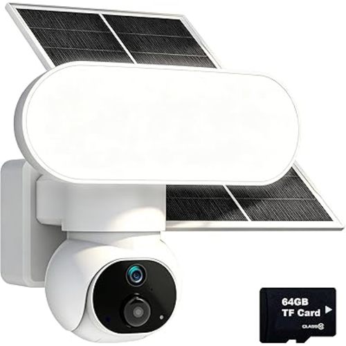 Solar Floodlight Camera with 1500LM Bright Lights-2K Wireless Outdoor Security PT Cam, Motion Activated Color Night Vision Illuminates Entire Yard & Driveway, No Monthly Fee, 64GB SD Card Included
