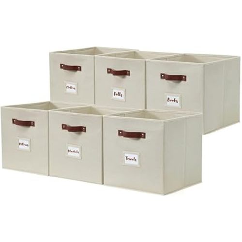 DECOMOMO Storage Bins | Cube Storage Bin with Label Holders, Fabric Storage Cubes for Organizing Shelves Closet Toy Clothes (10.5" x 11" / 6pcs, Beige)