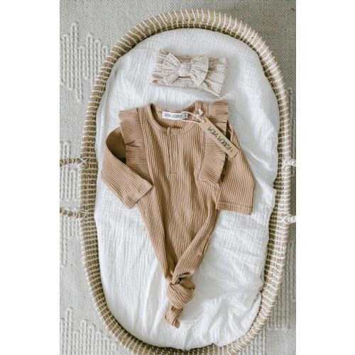 Ribbed Cotton Knotted Gown with Ruffle