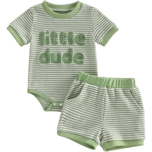Onfmst Mamas Boy Baby Clothes Summer Newborn 3 6 9 12 Months Striped Waffle Knit Short Sleeve Romper Shorts Set Outfit (Blue Mama's Boy, 3-6 Months)