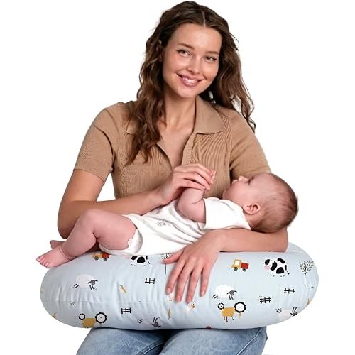 Little Grape Land Nursing Pillow for Breastfeeding, Soft and Supportive Breastfeeding Pillow for Mom and Baby, Cute Feeding Pillow with Removable Cover for 0–12 Months, Blue Ranch