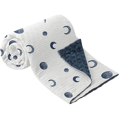 Bearmoss Baby Blankets for Unisex Boys Girls, Soft Nursery Crib Blankets with Muslin Cotton Front and Dotted Fleece Back for Newborns Toddlers 30x40inch (Blue Moon)