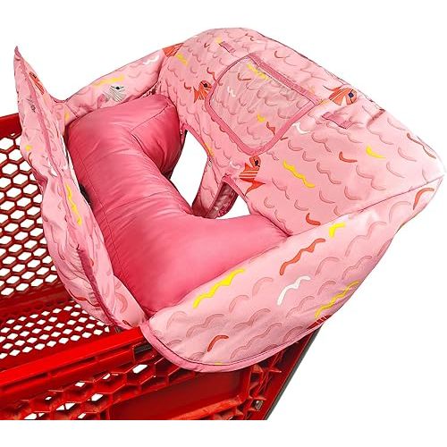 Soft Pillow Attached 2-in-1 Shopping Cart and High Chair Cover for Baby, Cotton Padded Cart Cover, Fold'n Roll Style, Portable with Carry Bag (Pink Fish)
