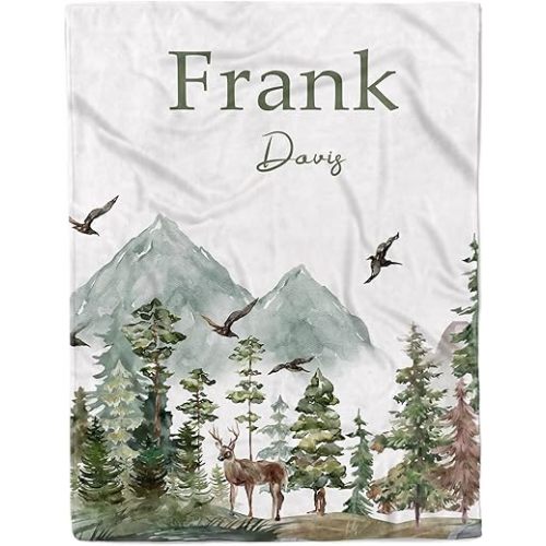 Personalized Baby Blanket with Name Custom Woodland Baby Blanket for Boy, Customized for Newborn, Baby Name Blanket for Baby Boy, Baby Gifts for Birthday Christmas