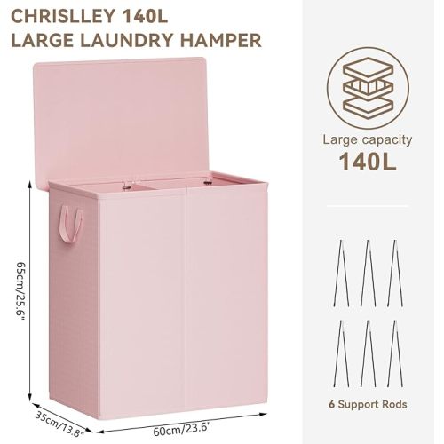 Chrislley 140L Laundry Hamper 2 Section, Double Laundry Basket with Lid, Large Dirty Clothes Hamper with Removable Liner Bags, Collapsible Laundry Organizer for Bedroom, Dorm,Pink
