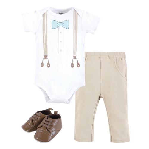Hudson Baby Infant Boy Cotton Bodysuit, Pant and Shoe Set, Taupe Mint Suspender