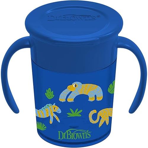 Dr. Brown’s Milestones Cheers 360 Cup Spoutless Transition Cup with Handles for Easy Grip and Leak-Free Learning, Blue Safari, 7 oz/200 mL