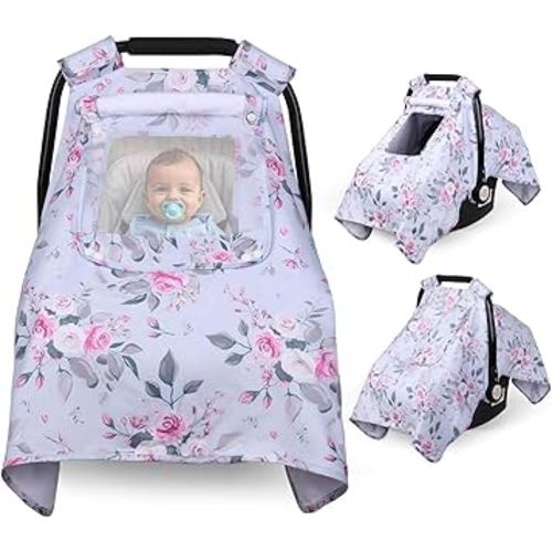 Car Seat Cover Baby, Carseat Covers Baby with 2 Layers Breathable Windows, Windproof Infant Car Seat Cover, Kick-Proof Baby Carrier Cover for Baby Girl Newborn Essentials