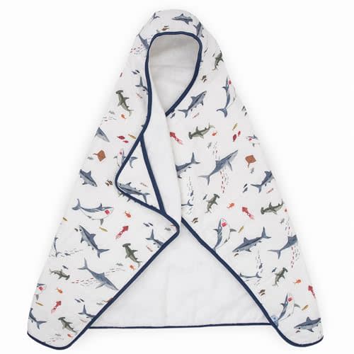 Little Unicorn Premium Hooded Bath Towel| Absorbent Cotton & Terry Blend | Larger Size, 1-6 Years (Shark)