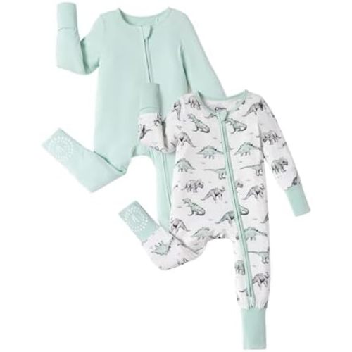PATPAT Baby Footie Romper, Viscose from Bamboo, Long Sleeve, 2-Way Zipper, Fold-Over Mittens, Cuffs & Anti-Slip Grips