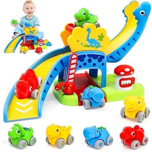 YGJT Toddler Toys for 1-3 Year Old Boys and Girls, Dinosaur Slide with 4 Dino Cars Montessori Toys Set for Baby 12-18 Months, Educational First Birthday Gifts Learning Push Track for Children Ages 1-3