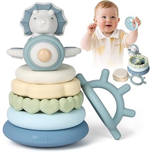 Moonkie Dinosaur Baby Stacking Toys | 7-Piece Silicone Rings for Teething Relief | Educational Toy for Infants & Toddlers 6 Months+ | Baby Boy Essentials