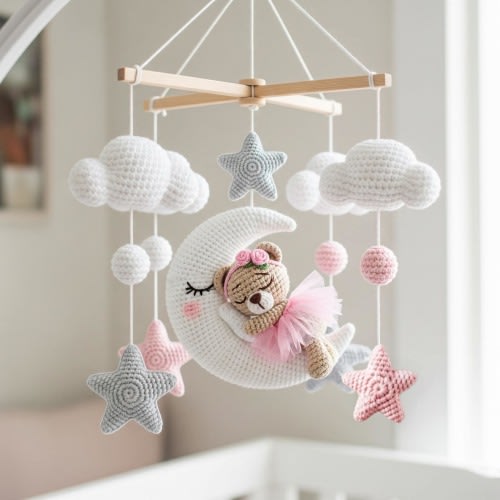 Custom Crochet Cute Bear On Moon Bear Baby Mobile: Personalized Nursery Decor, Stars baby crib mobile, Minimalist Nursery Mobile