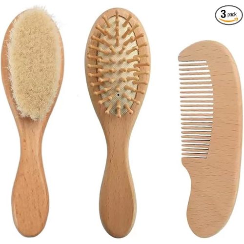 PandaEar Baby Hair Brush and Comb Set for Newborn| Natural Wooden Hairbrush with Soft Goat Bristles, Pear Wood Comb and Wooden Massage Brush for Infant, Toddler, Kids