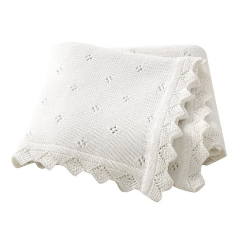 100 % Cotton Luxury Knitted Baby Blanket – White Eyelet Blossom – Lilies and Cactus