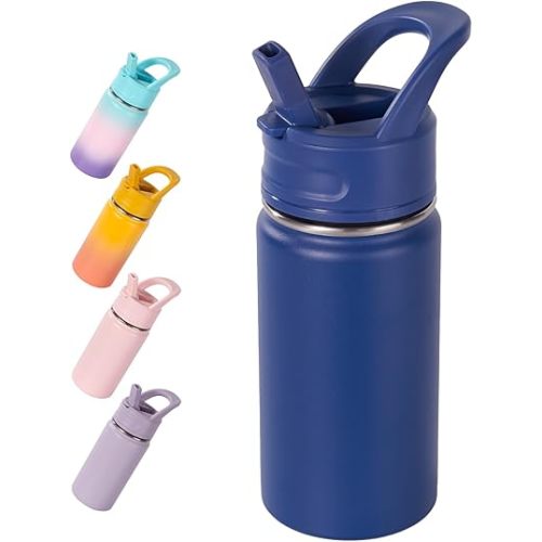 12oz Kids Water Bottle for School, Toddler Water Bottles with Straws, Insulated Water Bottle for Boys&Girls, Stainless Steel Vacuum Insulated Bottle for Kids, Leak-Proof, BPA-Free, Blue