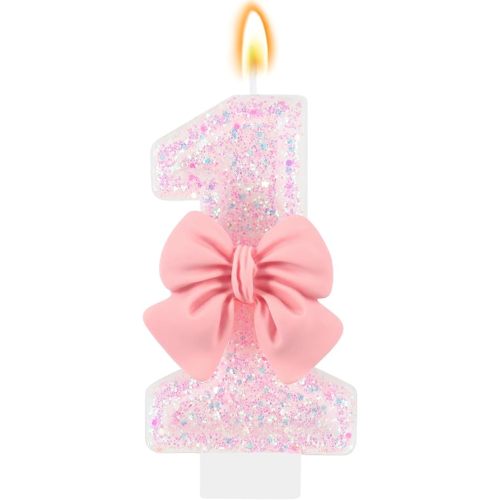Pink Birthday Candle Bow Number 1 Candle Cake Topper Cupcake Decor 1st Birthday Party Decorations Anniversary Celebrations Supplies Favors