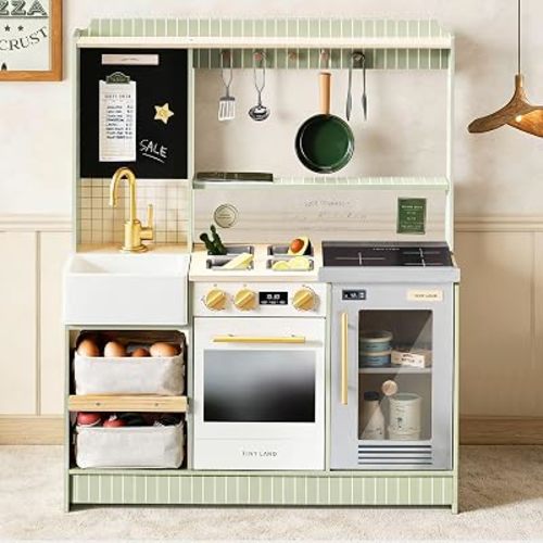 Tiny Land BistroSwitch Play Kitchen, 2-in-1 Wooden Bistro & Home Kitchen Playset with Magnetic Chalkboard, Fridge, Storage, Oven, Stove, Sink & Cookware Toy Kitchen Set for Kids Ages 3–8 Gift, Green