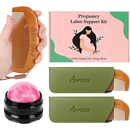 Arrozon 2 Pcs Labor Comb & Massage Roller Ball Kit, Birthing Pregnancy and Hospital Bag Must Haves, PostPartum Home Delivery Essentials, Wooden Birth Comb Pain Relief Baby Shower Gifts for Mom