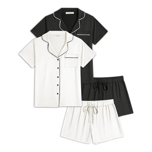 Ekouaer 2 Pack Womens Pajamas Set Button Down Summer Sleepwear Short Sleeve Comfy Pjs Loungewear Set