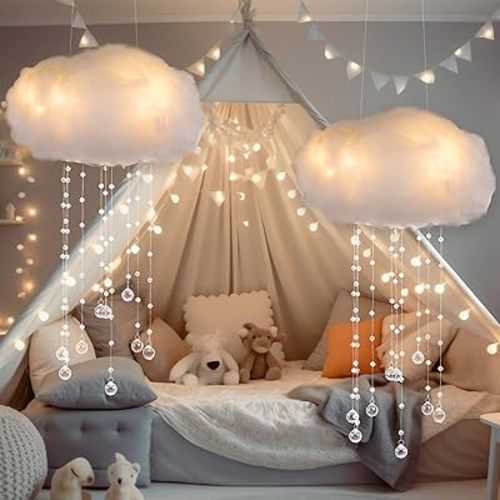 Marsui Artificial Cloud Props Imitation 3D Cotton Cloud Ceiling Light Hanging Decorations with Hanging Acrylic Raindrop for Room Ceiling Wall Baby Shower Party Wedding Nursery Classroom Decor(2 Pcs)