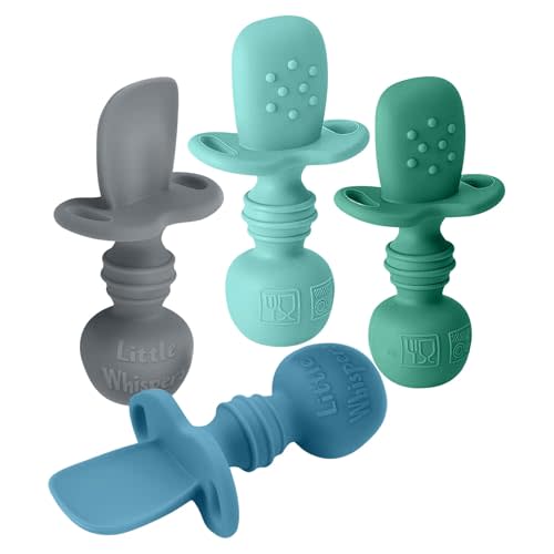 LittleWhispers Baby Silicone Spoons - Self Feeding 6 Months - Infant, Toddler, & Kid Friendly Utensils - First Stage, Baby Led Weaning - 4 Pack Utensil Set (Soft Blues)