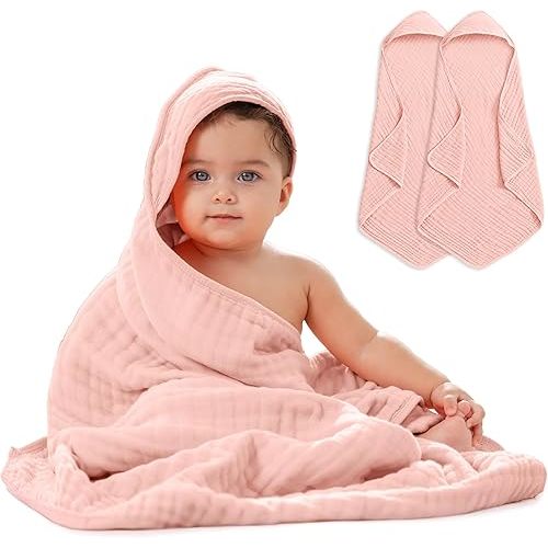 Comfy Cubs Hooded Baby Towel 2-Pack, Large 81 x 81 cm - 6 Layer 100% Muslin Cotton for Babies, Toddlers and Kids - Soft & Absorbent Baby Bath Towels - Unisex Design for Bath Time - Lace