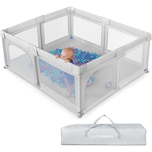 ANGELBLISS Baby Playpen, Large Playard Indoor & Outdoor Kids Activity Center with Anti-Slip Base, Sturdy Safety Play Yard with Breathable Mesh, Kid's Fence for Infants Toddlers(Grey,63”x47”)