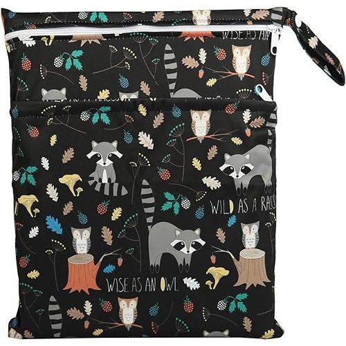 Wet Bag Baby Cloth Diaper Nappy Bag Reusable Washable With Two Zippered Pockets (Animal Racoon)