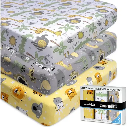 GROW WILD Safari Crib Sheets for Boys (3 Pack) - Soft Jersey Cotton Fitted Baby Crib Sheets | Cute Bed Sheets & Toddler Bed Mattress | Baby Boy Crib Bedding Set | Yellow Grey Elephant & Animals Sheet