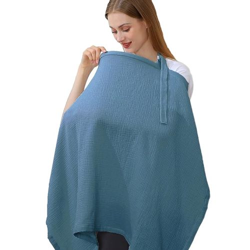 100% Muslin Cotton Breastfeeding Cover, Multi-use Nursing Covers with Arch Neckline & Back Adjustable Elastic Strap, Cotton Breathable Nursing Apron (Blue) - blue