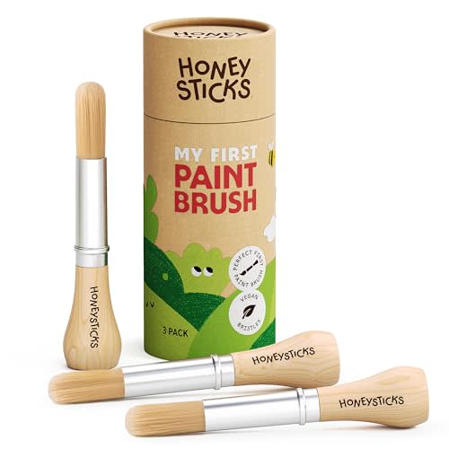Honeysticks My First Paint Brush Set (3 Pack) - Jumbo Brushes, Ages 1+ | Paintbrush Set for Baby, Toddlers 1-3 - Chubby Wooden Handles for Easy Grip - Vegan Bristles - Eco Friendly Storage Container