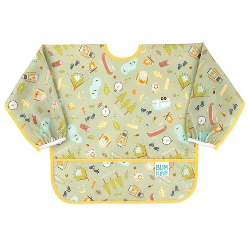 Bumkins Sleeved Bib for Girl or Boy, Baby and Toddler for 6-24 Mos, Essential Must Have for Eating, Feeding, Baby Led Weaning, Long Sleeve Mess Saving Food Catcher, Soft Fabric, Camp Gear Green