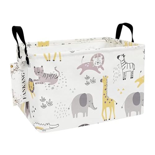 FANKANG Storage Bins, Nursery Hamper Canvas Laundry Basket Foldable with Waterproof PE Coating Large Storage Baskets for Kids Boys and Girls, Office, Bedroom, Clothes,Toys(Rec-Lovely Animals )
