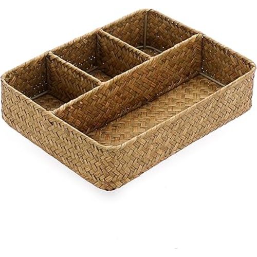 BTSKY Desk Drawer Organizer Tray, Coffee Station Organizer Tea Bag Organizer, Woven Seagrass Storage Basket with 4 Divided Sections Handwoven Wicker Storage Basket for Shelves, Pantry, Coffee Bar