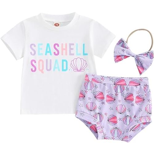 Lesimsam Toddler Baby Girl Summer Outfit Letter Print Short Sleeve T-Shirt Shell Print Shorts Headband 3Pcs Clothes Set