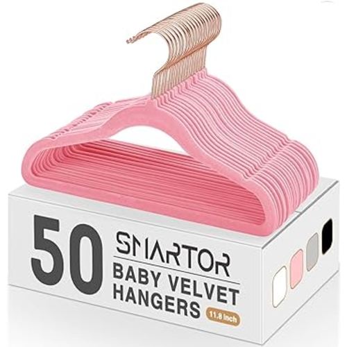 Smartor Premium Baby Hangers Velvet for Closet 50 Pack Pink，11.8 Inch Durable Kids Felt Hangers Non Slip for Toddler, Baby Clothes Hangers for Infant/Childrens on Closet Storage