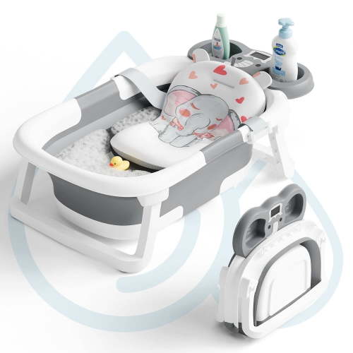 Aprpink Foldable Baby Bathtub Elephant PP+TPE with Soft Cushion&Thermometer for 0-36 Months Toddler Gray