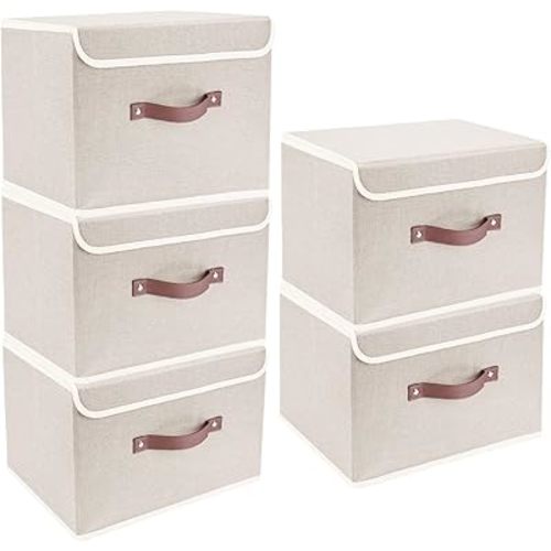 TYEERS Foldable Storage Boxes with Lids 5 Pack Fabric Storage Bins with Lids, Closet Organizers for Clothes Storage, Room Organization, Office Storage, Toys - Beige